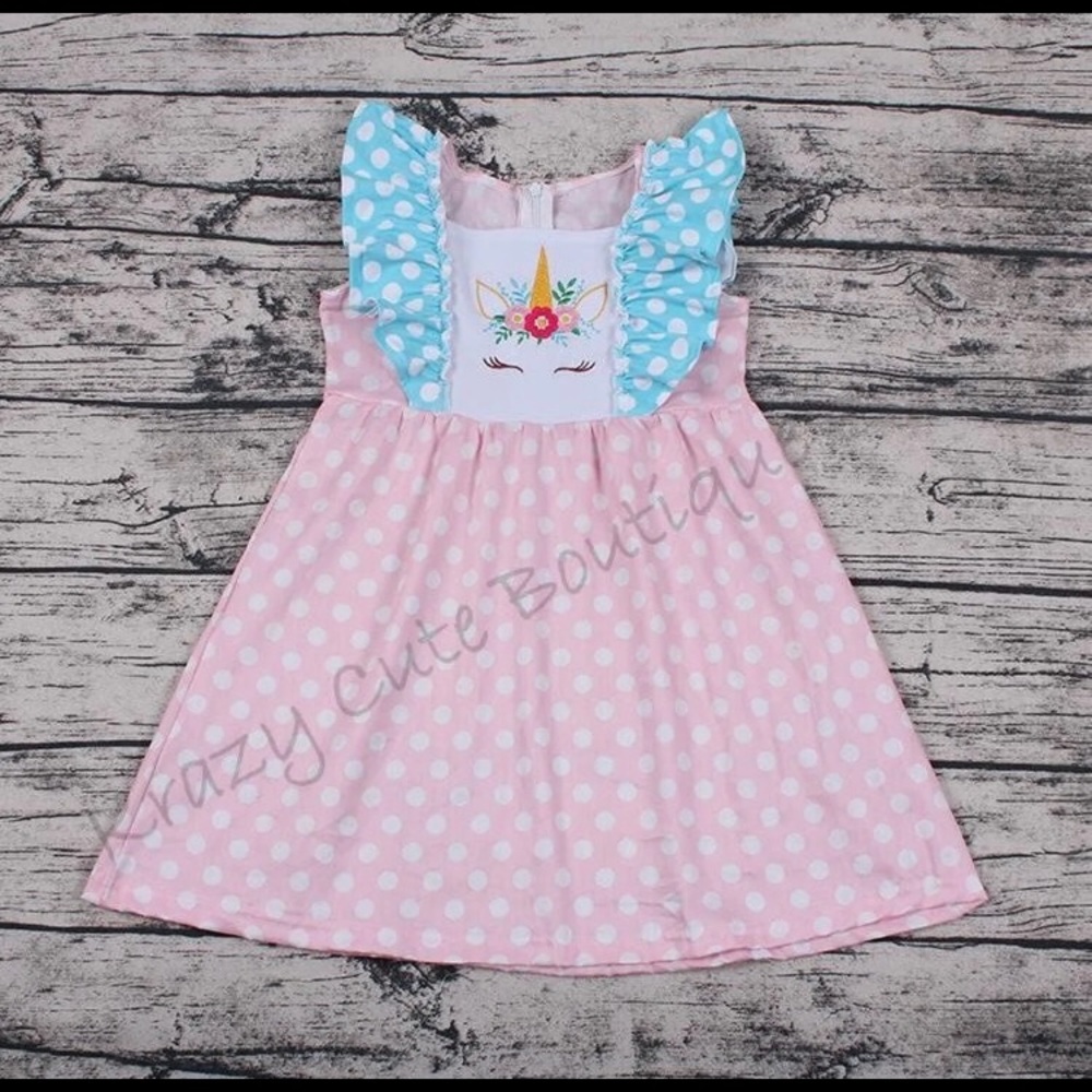 Boutique Custom Unicorn Pastel Polka Dot Dress 4 5 New Light Pink Blue White